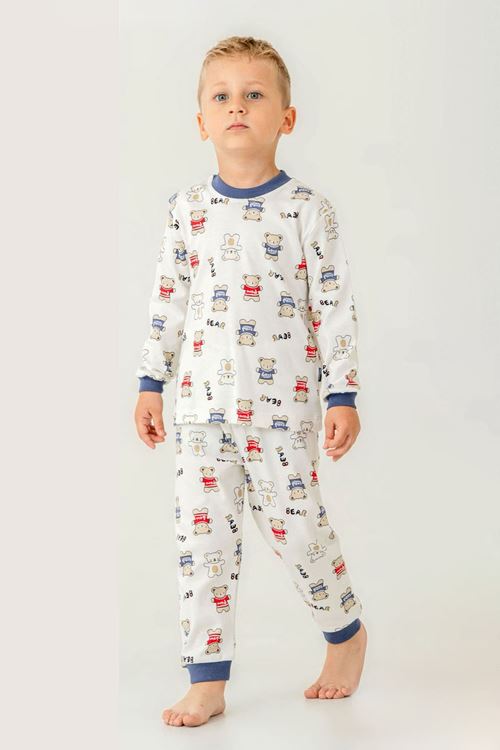 Miniğimin Cicileri Ayıcık Baskılı Pamuklu Erkek Çocuk Bisiklet yaka  Pijama Takımı - indigo