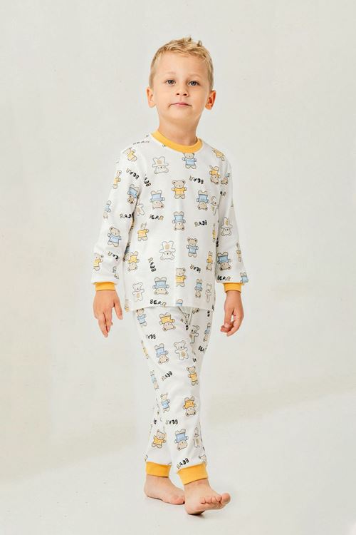 Miniğimin Cicileri Ayıcık Baskılı Pamuklu Erkek Çocuk Bisiklet yaka  Pijama Takımı - Hardal