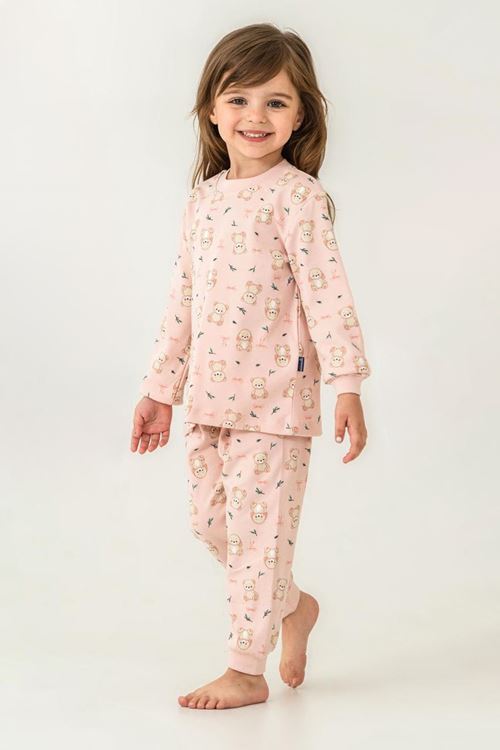 Miniğimin Cicileri Ayıcık Baskılı Sıfır Yaka Pamuklu Kız Çocuk Pijama Takımı - Pembe