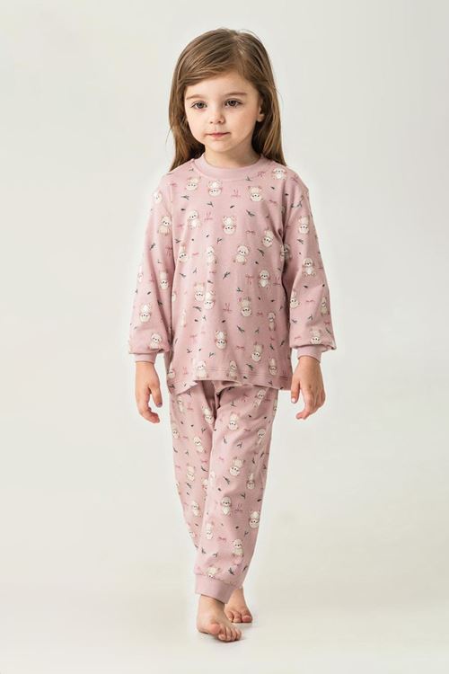 Miniğimin Cicileri Ayıcık Baskılı Sıfır Yaka Pamuklu Kız Çocuk Pijama Takımı - Gül Kurusu