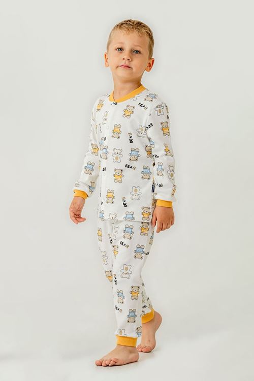 Miniğimin Cicileri Çıtçıtlı Ayıcık Baskılı Pamuklu Erkek Çocuk Pijama Takımı - Sarı