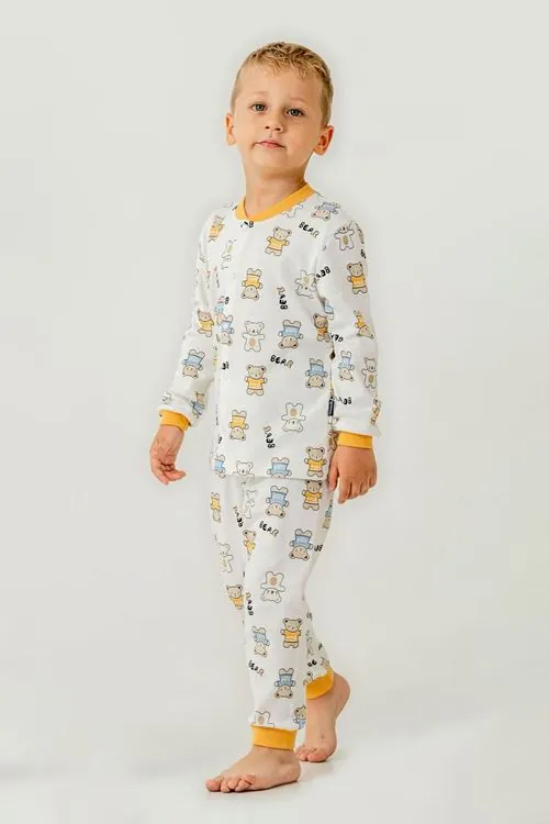 Miniğimin Cicileri Çıtçıtlı Ayıcık Baskılı Pamuklu Erkek Çocuk Pijama Takımı - Sarı