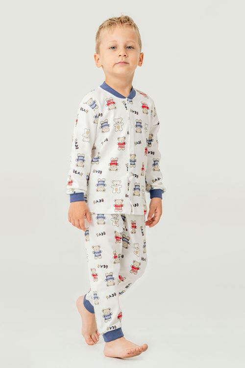 Miniğimin Cicileri Çıtçıtlı Ayıcık Baskılı Pamuklu Erkek Çocuk Pijama Takımı - Mavi