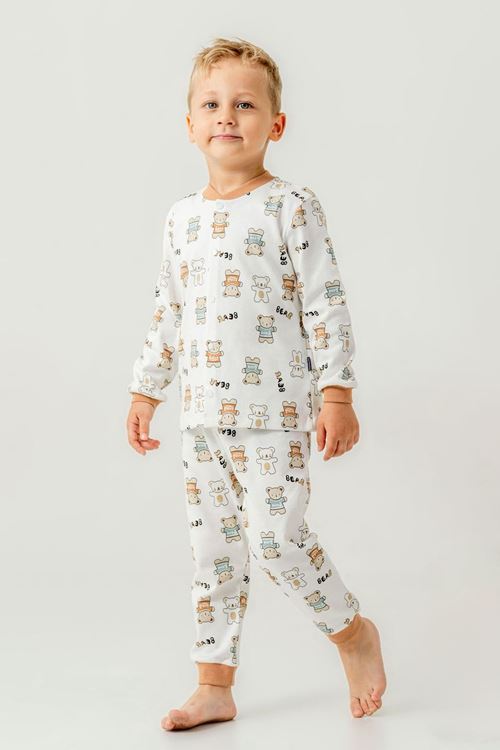 Miniğimin Cicileri Çıtçıtlı Ayıcık Baskılı Pamuklu Erkek Çocuk Pijama Takımı - Kahve