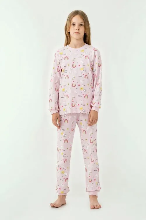 Miniğimin Cicileri Gökkuşağı Baskılı Sıfır Yaka Pamuklu Kız Çocuk Pijama Takımı - Pembe