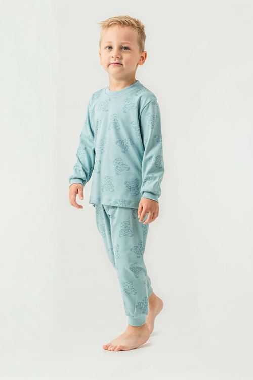 Miniğimin Cicileri Ayıcıl Baskılı Sıfır Yaka Pamuklu Erkek Çocuk Pijama Takımı - Petrol Yeşili