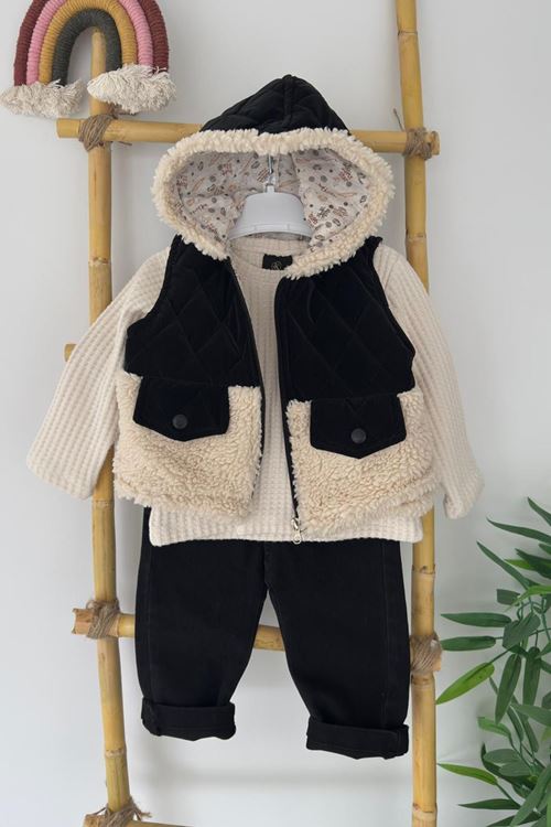 Miniğimin Cicileri Süet Kapitone Detaylı Yelekli Erkek Bebek 3 lü Kot Takım - Siyah