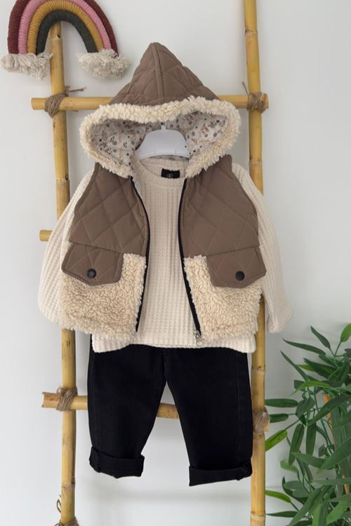 Miniğimin Cicileri Süet Kapitone Detaylı Yelekli Erkek Bebek 3 lü Kot Takım - Kahve