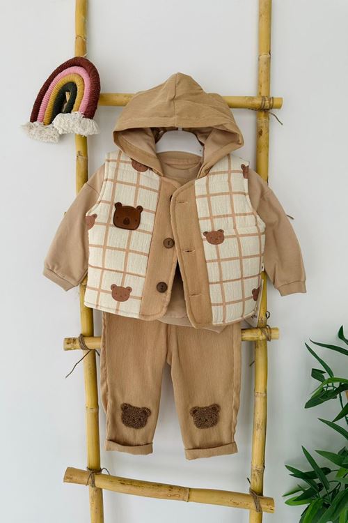 Miniğimin Cicileri Bear Panç Detaylı Şişme Yelekli Erkek Bebek 3 lü Takım - Kahve