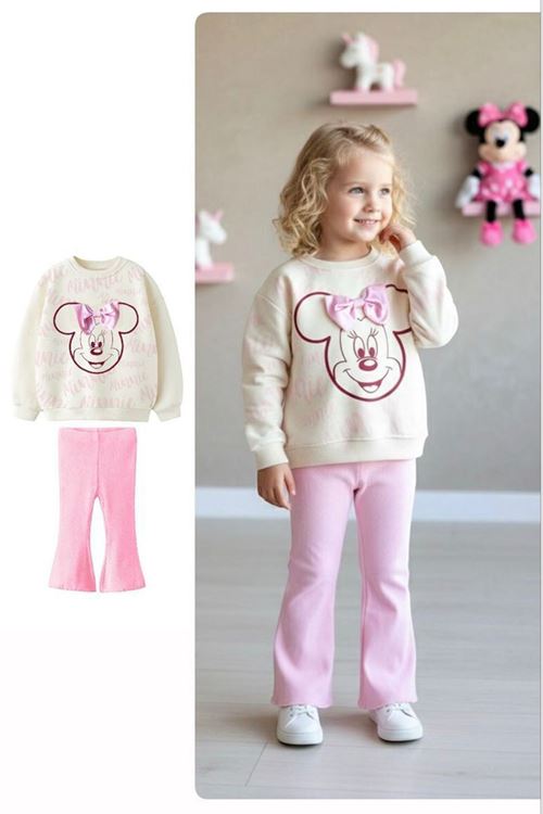 Miniğimin Cicileri Mnn Fiyonk Detaylı Geniş Paça Taytlı Kız Çocuk Takım - Açık Pembe