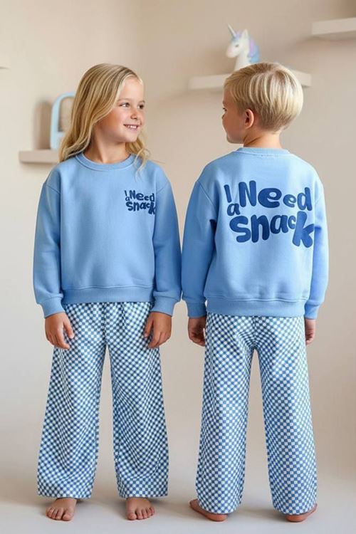 Miniğimin Cicileri İ Need Snaek Detaylı Kareli Unisex Çocuk Takım - Açık Mavi