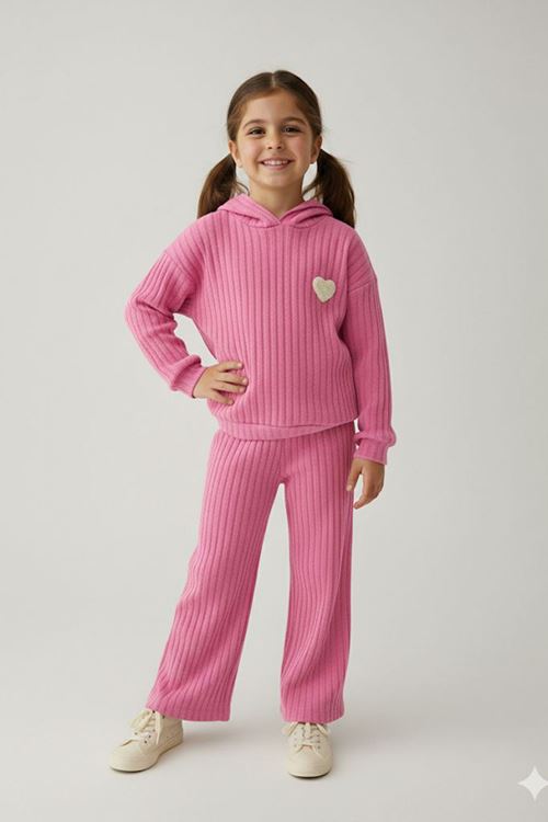 Miniğimin Cicileri Kalp Panç İşlemeli Fitilli Kız Çocuk Mevsimlik Takım - Pembe