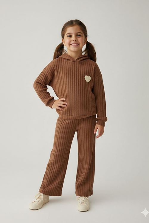 Miniğimin Cicileri Kalp Panç İşlemeli Fitilli Kız Çocuk Mevsimlik Takım - Kahve