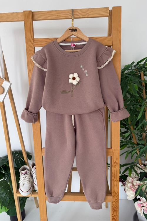 Miniğimin Cicileri Papatya Detaylı Kolu Fistolu Kız Çocuk Kışlık 2 li Takım - Koyu Kahve