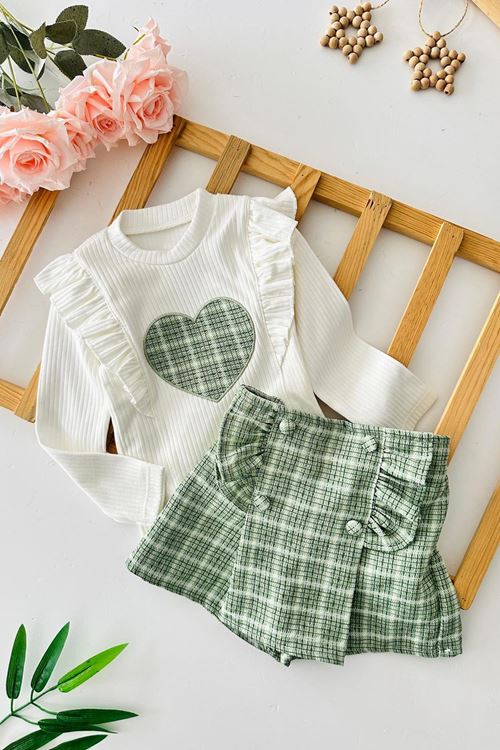 Miniğimin Cicileri (2-9 Yaş) Ekose Fırfırlı Kalp Detaylı Kız Çocuk Takım - Yeşil