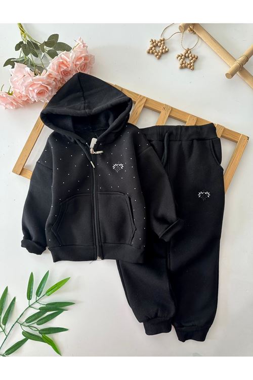 Miniğimin Cicileri Kapüşonlu Çiçek İşleme Taş Detaylı Kız Çocuk Takım - Siyah