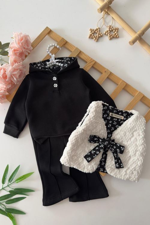 Miniğimin Cicileri Kürk Bolerolu Çiçekli Astarlı Kız Bebe Kışlık 3 lü Takım - Siyah