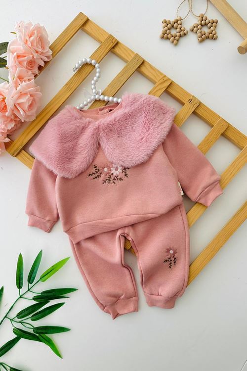 Miniğimin Cicileri Yaka Kürk Detaylı Çiçek İşleme Kız Bebe Kışlık Takım - Pembe