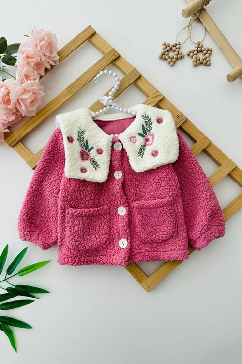 Miniğimin Cicileri Kuzu Yaka Çiçek Nakış Detaylı Kız Çocuk Hırka - Pembe