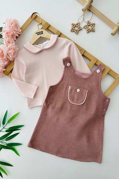 Miniğimin Cicileri Çilek Düğme Detaylı Kazayağı Desenli 2 li Jileli Takım - Gül Kurusu