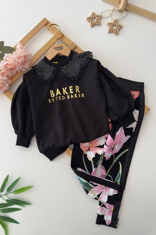 Miniğimin Cicileri Baker Yaldız Baskılı Çiçek Tayt Detaylı Kız Çocuk 2 li Takım - Sşyah