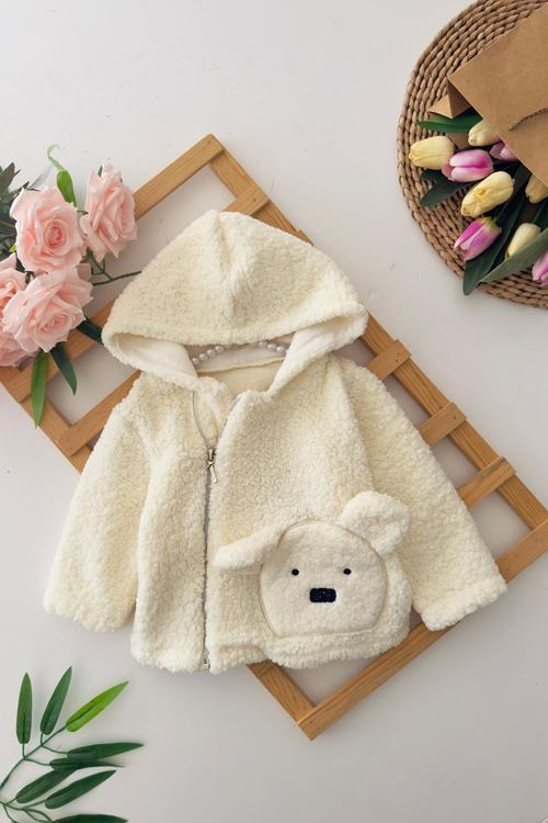 Miniğimin Cicileri Aycık Desenli Kapüşonlu Erkek Bebek Kuzu Hırka - Krem