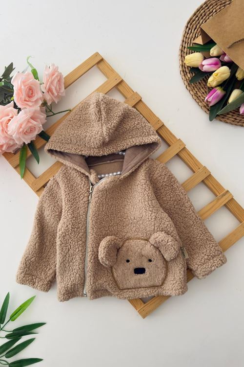 Miniğimin Cicileri Aycık Desenli Kapüşonlu Erkek Bebek Kuzu Hırka - Vizon