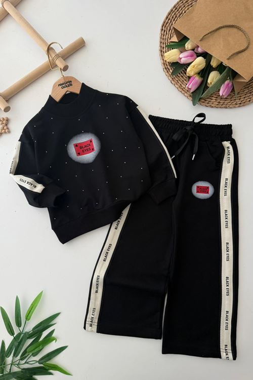 Miniğimin Cicileri Black Eyes Baskılı Taşlı Kız Çocuk 2 li Takım - Siyah
