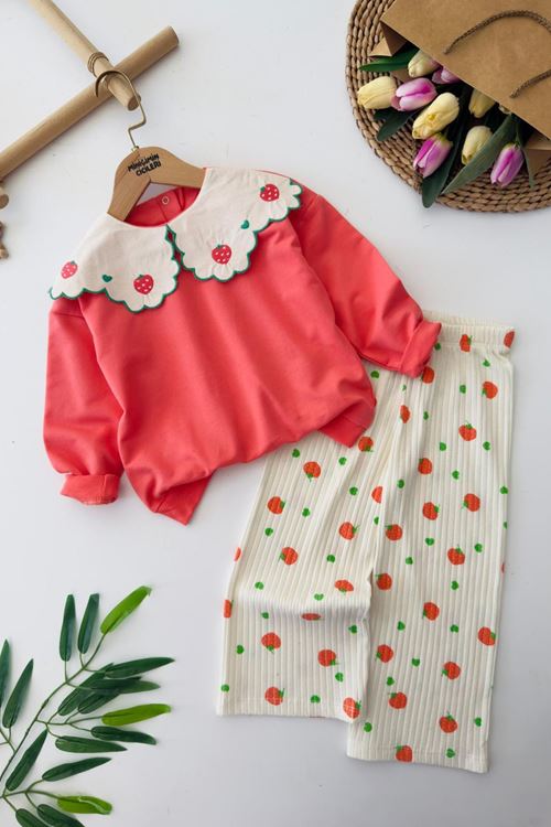 Miniğimin Cicileri Çilek Desenli Kız Çocuk Mevsimlik Takım - Nar Çiçeği