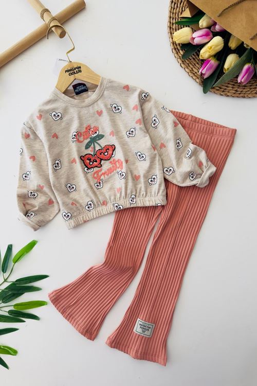 Miniğimin Cicileri Kiraz Panç İşleme Detaylı Beli Lastikli Kız Çocuk Takım - Somon