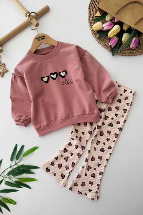 Miniğimin Cicileri Kalp Detaylı Kız Çocuk 2 li Takım - Gül Kurusu