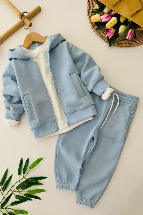 Miniğimin Cicileri Kapüşonlu  Fermuarlı 2’li Unisex  Çocuk Kışlık Eşofman Takımı - Mavi