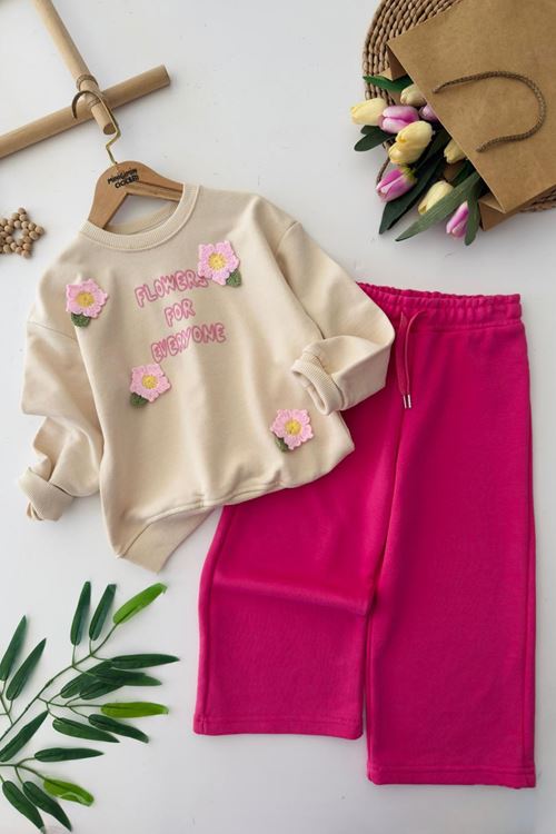 Miniğimin Cicileri Çiçek Örgü Detaylı Flower Baskı Kız Çocuk 2 li Takım - Fuşya