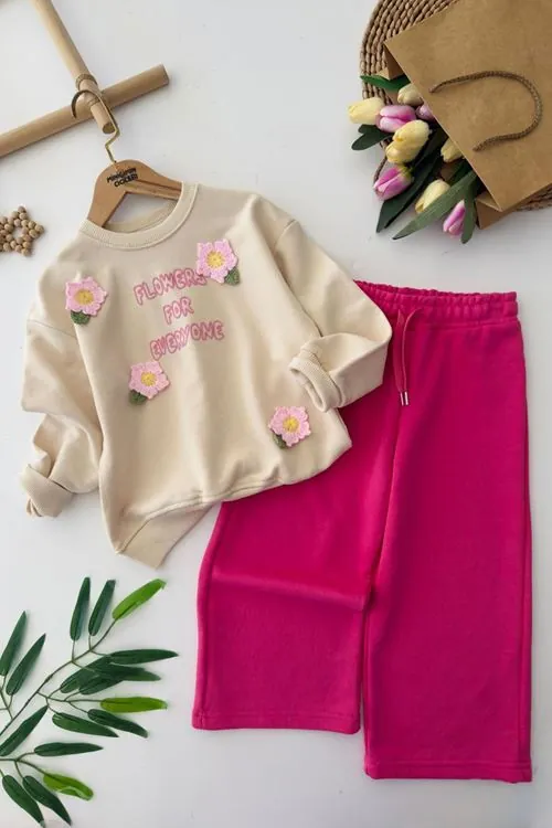 Miniğimin Cicileri Çiçek Örgü Detaylı Flower Baskı Kız Çocuk 2 li Takım - Fuşya