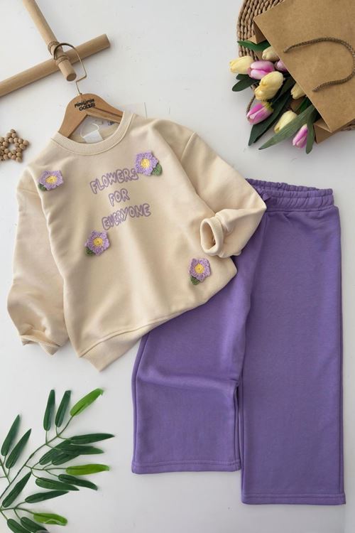 Miniğimin Cicileri Çiçek Örgü Detaylı Flower Baskı Kız Çocuk 2 li Takım - Mor