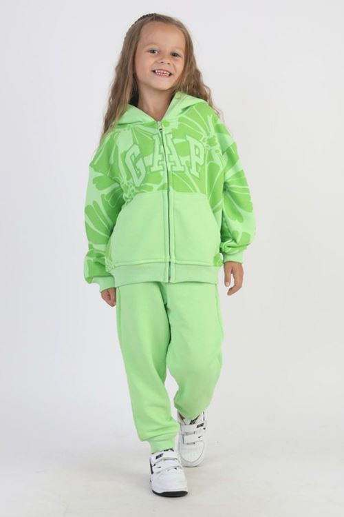 Miniğimin Cicileri Çiçek Desenli Kapüşonlu 2’li Eşofman Takımı - Yeşil