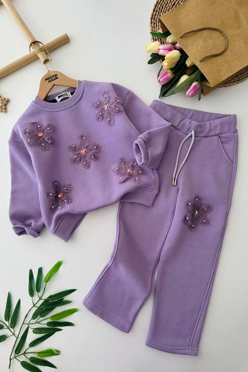 Miniğimin Cicileri Zambak Tül Detaylı Kışlık Kız Çocuk 2 li Takım - Mor
