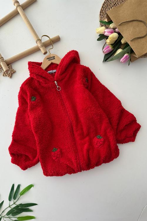 Miniğimin Cicileri Çilek Örme Detaylı Peluş Kız Çocuk Hırka - Kırmızı