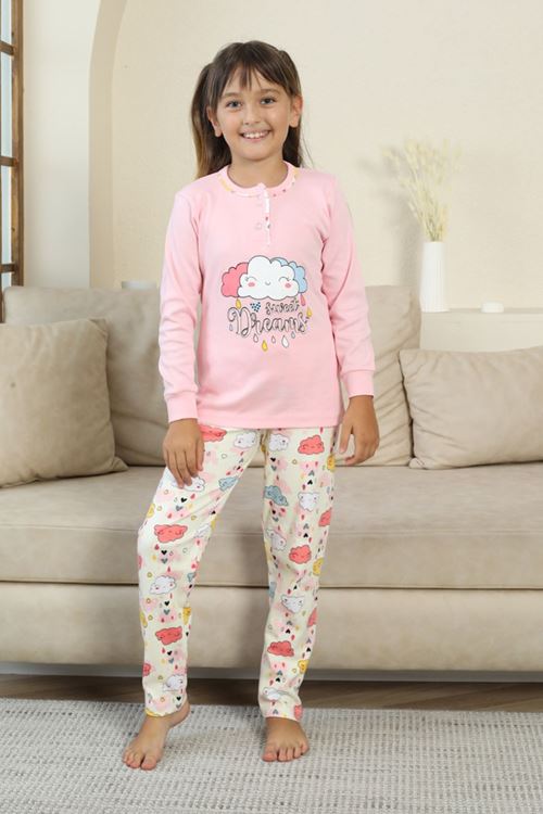 Miniğimin Cicileri Bulut Baskılı Düğmeli Kız Çocuk Pijama Takımı - Pembe