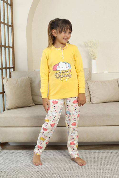 Miniğimin Cicileri Bulut Baskılı Düğmeli Kız Çocuk Pijama Takımı - Sarı