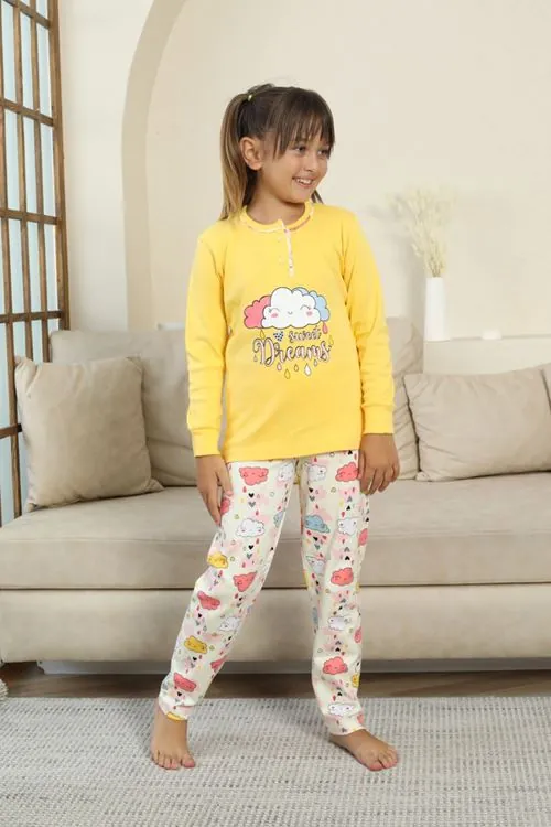 Miniğimin Cicileri Bulut Baskılı Düğmeli Kız Çocuk Pijama Takımı - Sarı