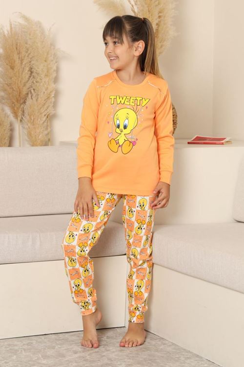 Miniğimin Cicileri Sevimli Civciv Baskılı Kız Çocuk Pijama Takımı - Turuncu