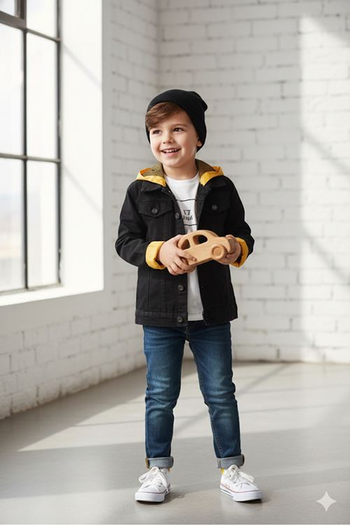 Miniğimin Cicileri Kapüşonlu Forward Kot Erkek Çocuk Ceket - Siyah-Sarı