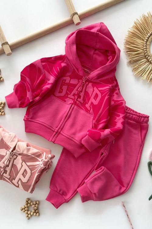 Miniğimin Cicileri Çiçek Desenli Kapüşonlu 2’li Eşofman Takımı - Fuşya