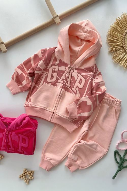 Miniğimin Cicileri Çiçek Desenli Kapüşonlu 2’li Eşofman Takımı - Somon