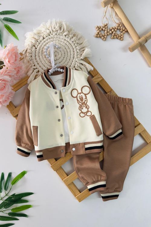 Miniğimin Cicileri Mck İşleme Detaylı Kolej Yaka Erkek Bebek 3 lü Takım - Sütlü Kahve