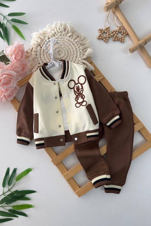 Miniğimin Cicileri Mck İşleme Detaylı Kolej Yaka Erkek Bebek 3 lü Takım - Kahverengi