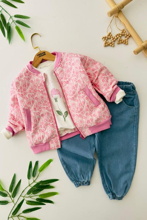 Miniğimin Cicileri Çiçek Desenli Kapitone Ceketli Kız Çocuk 3 lü Takım - Pembe