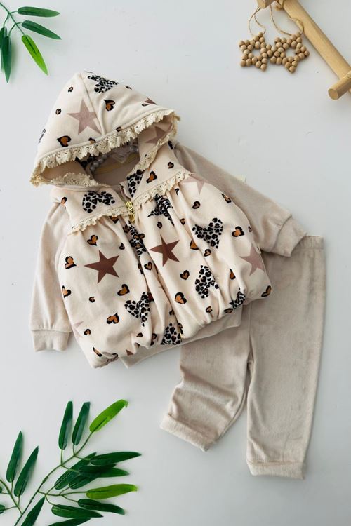 Miniğimin Cicileri Kadife Yelekli Yıldız Kalp Desenli Kız Bebek 3 lü Takım - Krem
