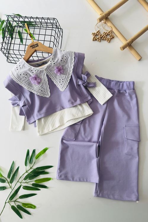 Miniğimin Cicileri Papatya Örgü Detaylı 3 lü Kız Çocuk Takım - Lila